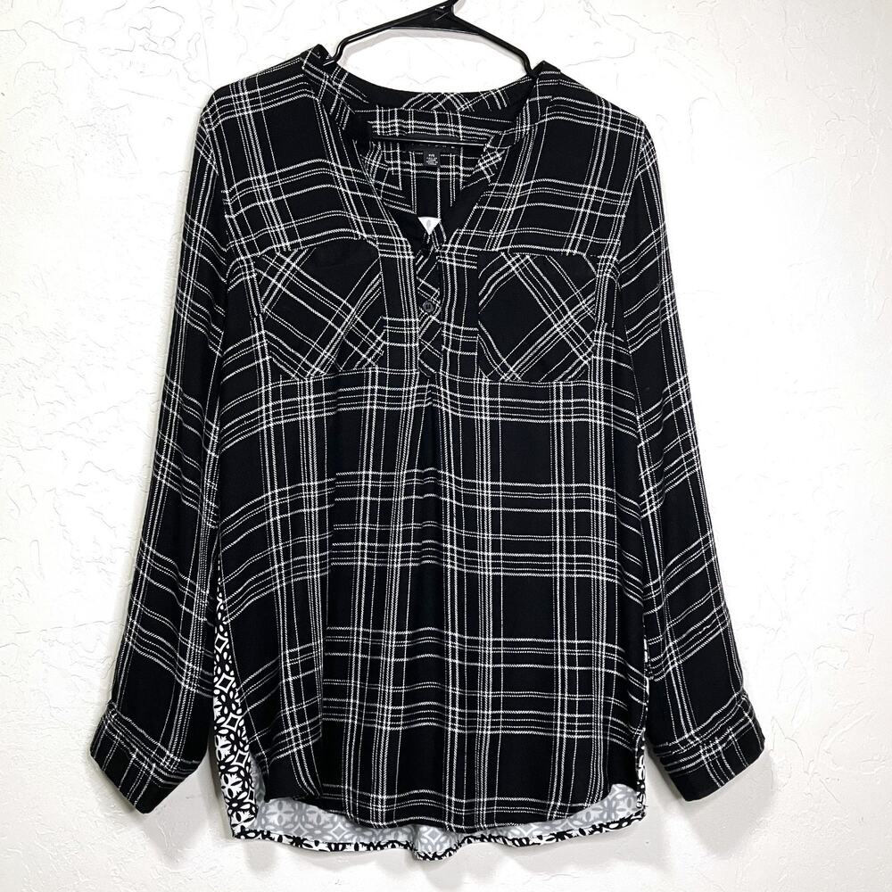 Tribal Plaid Mixed Print Long Sleeve Top Black White Scarf Back Boho Statement S